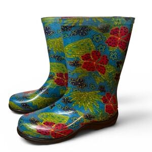 Sloggers Midsummer Blue, Green and Red mid-calf rain and garden boot. Size 8 EUC